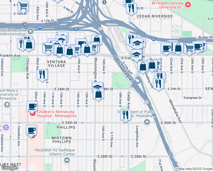 map of restaurants, bars, coffee shops, grocery stores, and more near 1614 East 24th Street in Minneapolis