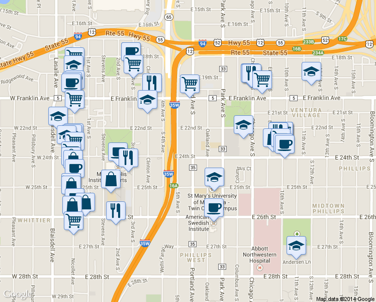 map of restaurants, bars, coffee shops, grocery stores, and more near 2315 South 5th Avenue in Minneapolis