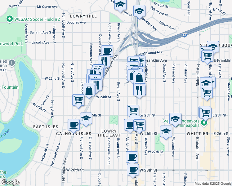 map of restaurants, bars, coffee shops, grocery stores, and more near 2314 Bryant Avenue South in Minneapolis