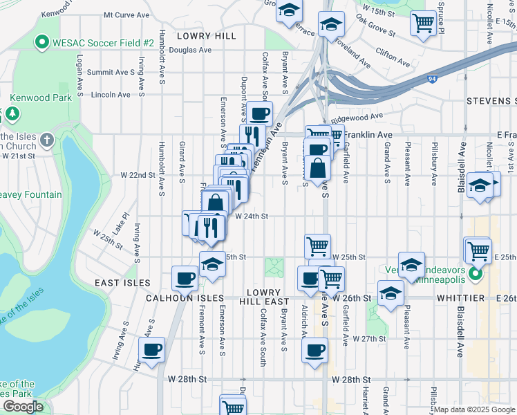 map of restaurants, bars, coffee shops, grocery stores, and more near 2315 Dupont Avenue South in Minneapolis
