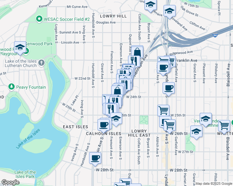 map of restaurants, bars, coffee shops, grocery stores, and more near 1310 West 24th Street in Minneapolis