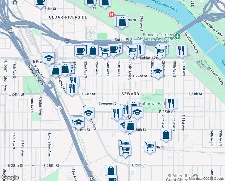 map of restaurants, bars, coffee shops, grocery stores, and more near 2412 East 24th Street in Minneapolis