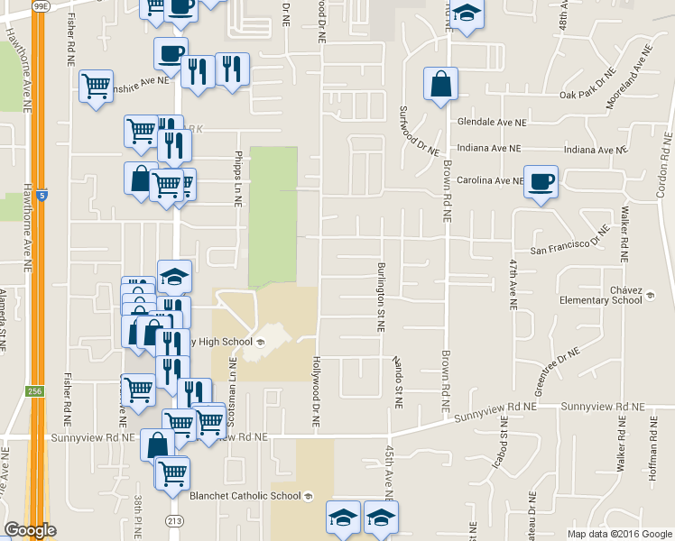 map of restaurants, bars, coffee shops, grocery stores, and more near 4349 Rodeo Drive Northeast in Salem
