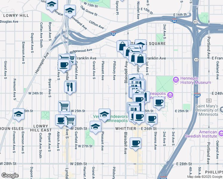 map of restaurants, bars, coffee shops, grocery stores, and more near 2316 Pillsbury Avenue in Minneapolis