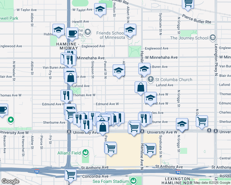 map of restaurants, bars, coffee shops, grocery stores, and more near 1427 Thomas Avenue West in Saint Paul