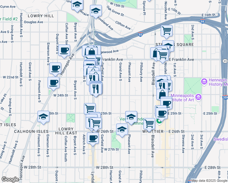 map of restaurants, bars, coffee shops, grocery stores, and more near 2317 Harriet Avenue in Minneapolis