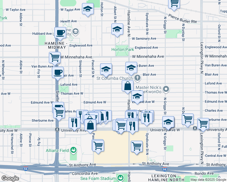 map of restaurants, bars, coffee shops, grocery stores, and more near 1395 Thomas Avenue West in Saint Paul