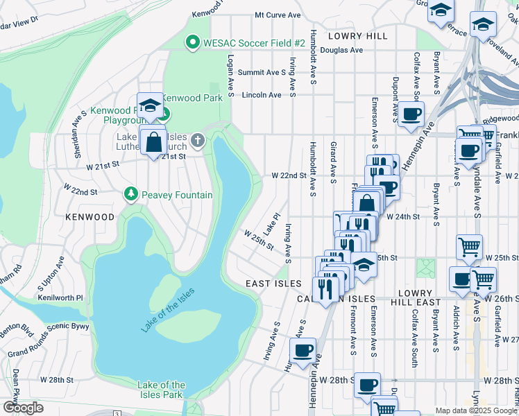 map of restaurants, bars, coffee shops, grocery stores, and more near 2323 Lake of the Isles Parkway East in Minneapolis