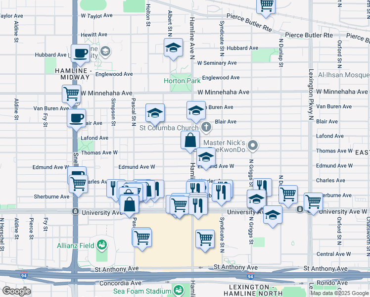 map of restaurants, bars, coffee shops, grocery stores, and more near 1353 Thomas Avenue West in Saint Paul