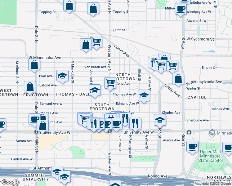map of restaurants, bars, coffee shops, grocery stores, and more near 361 Thomas Avenue West in Saint Paul