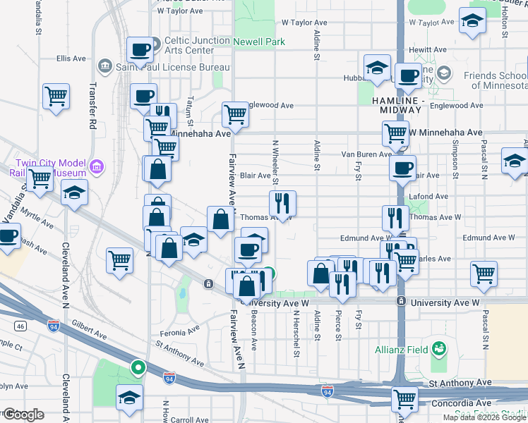 map of restaurants, bars, coffee shops, grocery stores, and more near 1779 Thomas Avenue West in Saint Paul