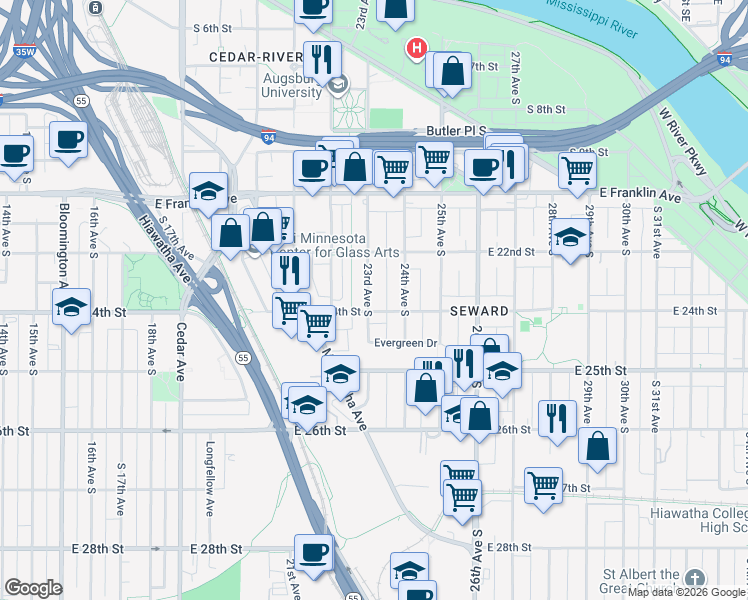 map of restaurants, bars, coffee shops, grocery stores, and more near 2317 23rd Avenue South in Minneapolis