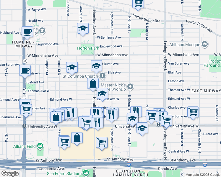 map of restaurants, bars, coffee shops, grocery stores, and more near 1283 Thomas Avenue West in Saint Paul