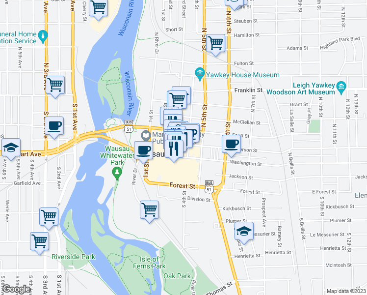 map of restaurants, bars, coffee shops, grocery stores, and more near 315 Jefferson Street in Wausau