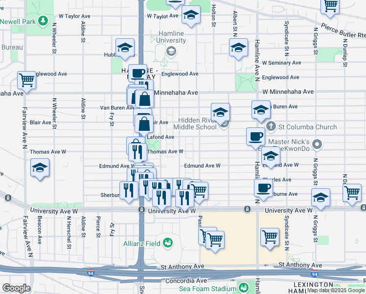 map of restaurants, bars, coffee shops, grocery stores, and more near 608 Simpson Street in Saint Paul