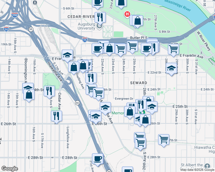 map of restaurants, bars, coffee shops, grocery stores, and more near 2318 Milwaukee Avenue in Minneapolis