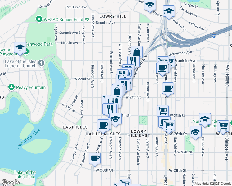 map of restaurants, bars, coffee shops, grocery stores, and more near 2323 Fremont Avenue South in Minneapolis