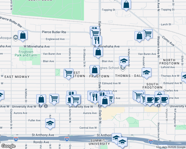 map of restaurants, bars, coffee shops, grocery stores, and more near 647 Thomas Avenue West in Saint Paul