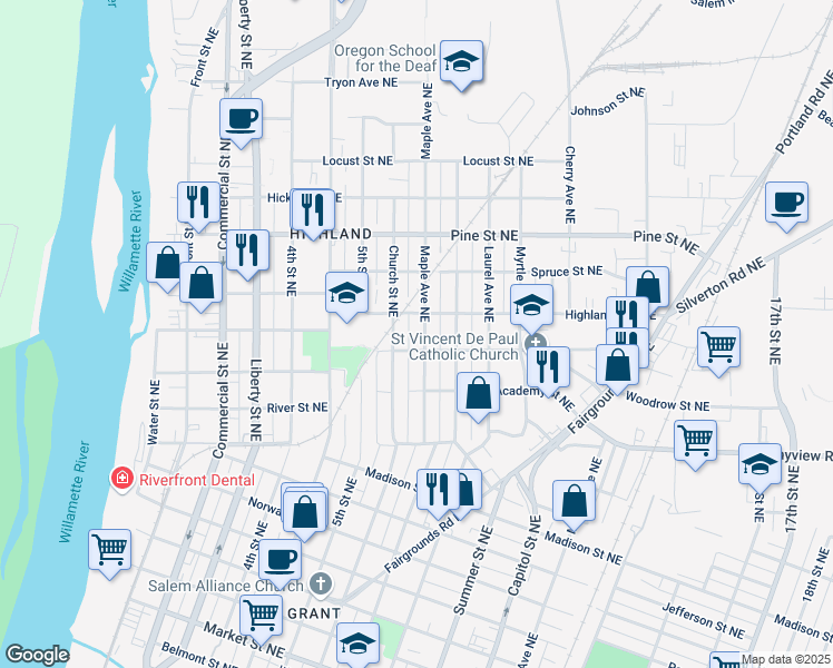 map of restaurants, bars, coffee shops, grocery stores, and more near 2157 Maple Avenue Northeast in Salem