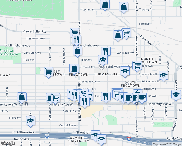 map of restaurants, bars, coffee shops, grocery stores, and more near 565 Thomas Avenue West in Saint Paul