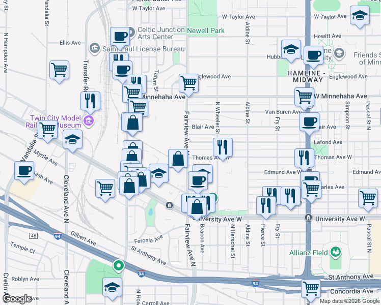map of restaurants, bars, coffee shops, grocery stores, and more near 610 Fairview Avenue North in Saint Paul