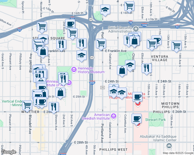 map of restaurants, bars, coffee shops, grocery stores, and more near 2315 South 5th Avenue in Minneapolis
