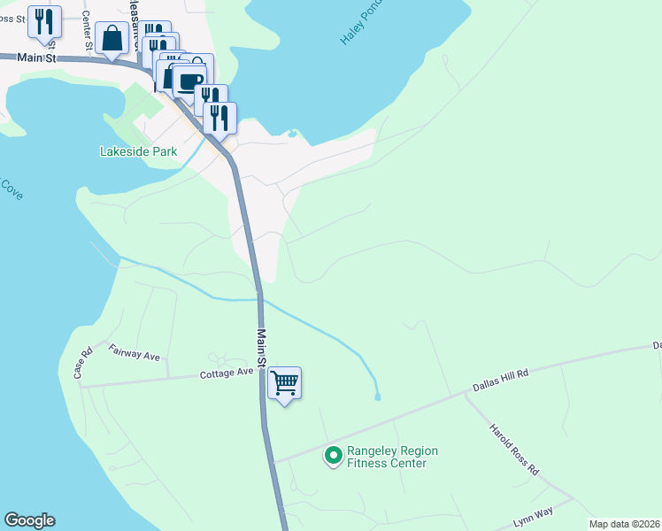 map of restaurants, bars, coffee shops, grocery stores, and more near 14 Grand View Avenue in Rangeley