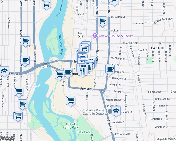 map of restaurants, bars, coffee shops, grocery stores, and more near 330 North 4th Street in Wausau