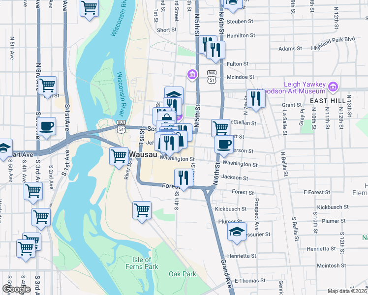 map of restaurants, bars, coffee shops, grocery stores, and more near 325 South 4th Street in Wausau