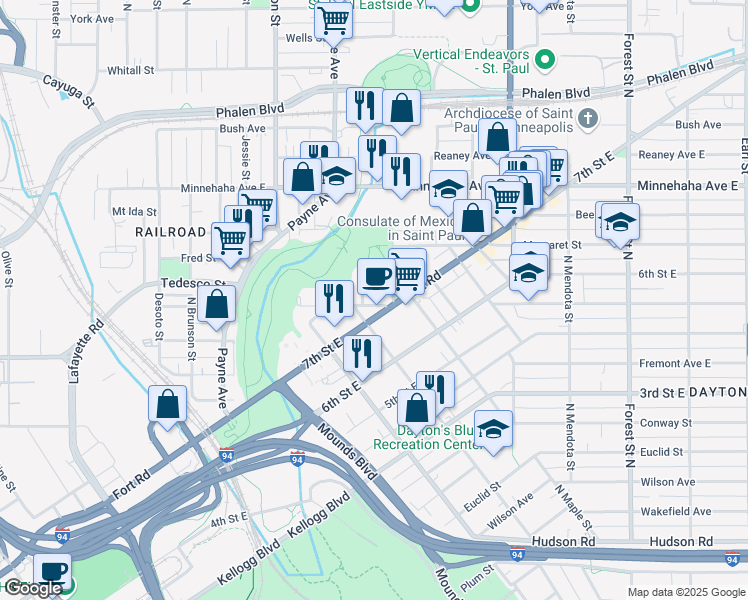 map of restaurants, bars, coffee shops, grocery stores, and more near 681 East North Street in Saint Paul