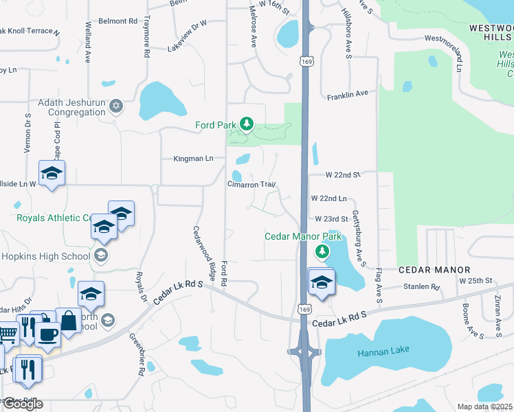 map of restaurants, bars, coffee shops, grocery stores, and more near 2329 Wildwood Trail in Hopkins