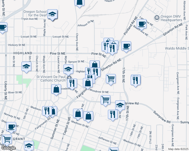 map of restaurants, bars, coffee shops, grocery stores, and more near 2385 Fairgrounds Road Northeast in Salem