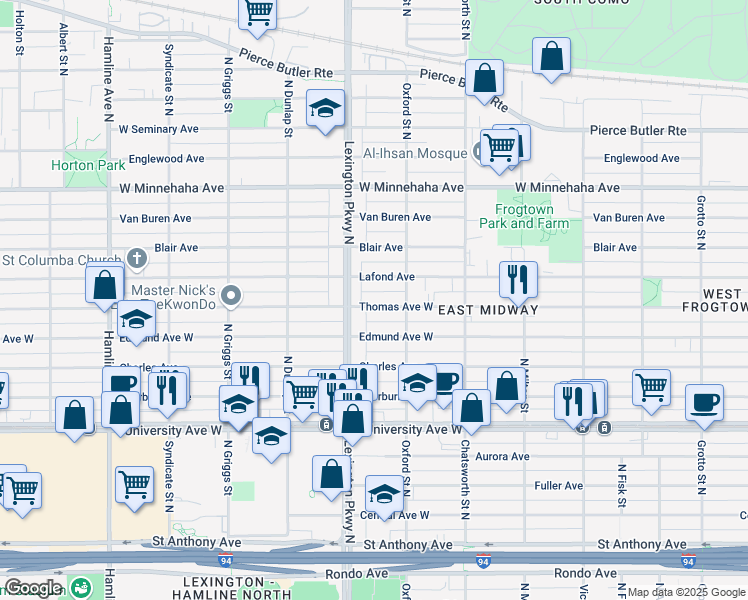 map of restaurants, bars, coffee shops, grocery stores, and more near 1073 Thomas Avenue West in Saint Paul