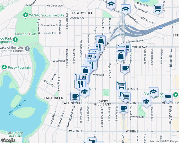 map of restaurants, bars, coffee shops, grocery stores, and more near 2330 Hennepin Avenue South in Minneapolis