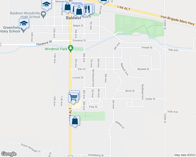 map of restaurants, bars, coffee shops, grocery stores, and more near 1600 Birchwood Drive in Baldwin