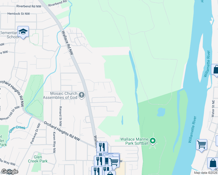 map of restaurants, bars, coffee shops, grocery stores, and more near 1735 Salmon River Street Northwest in Salem