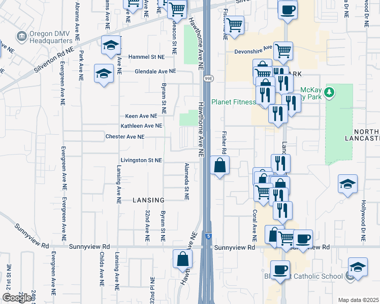 map of restaurants, bars, coffee shops, grocery stores, and more near 3480 Monarch Drive Northeast in Salem