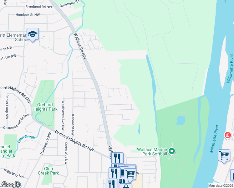 map of restaurants, bars, coffee shops, grocery stores, and more near 750 River Valley Drive Northwest in Salem