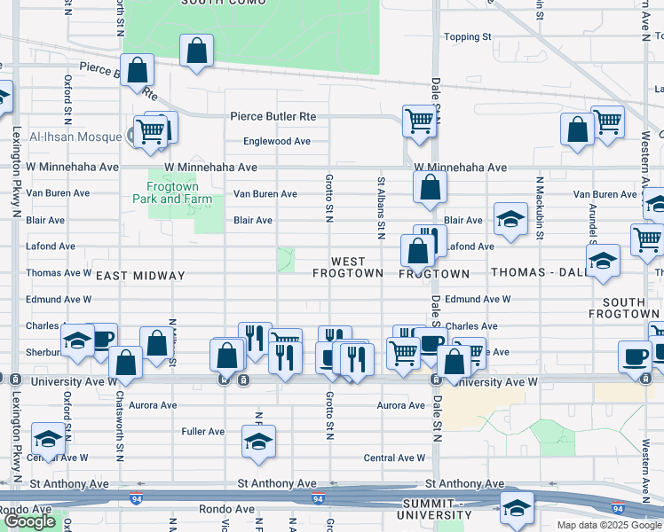 map of restaurants, bars, coffee shops, grocery stores, and more near 751 Thomas Avenue West in Saint Paul