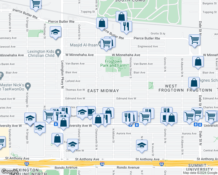 map of restaurants, bars, coffee shops, grocery stores, and more near 929 Thomas Avenue West in Saint Paul