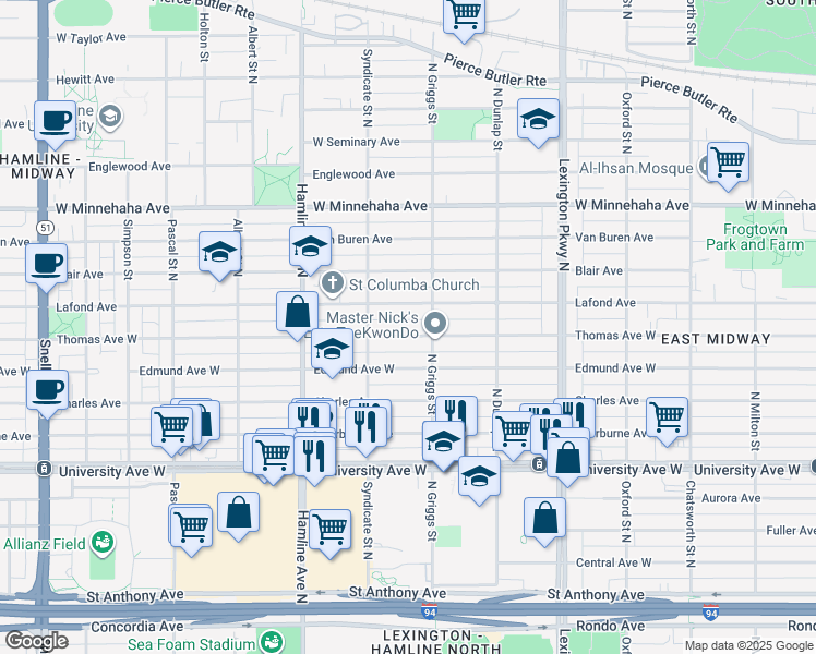map of restaurants, bars, coffee shops, grocery stores, and more near 1247 Thomas Avenue West in Saint Paul