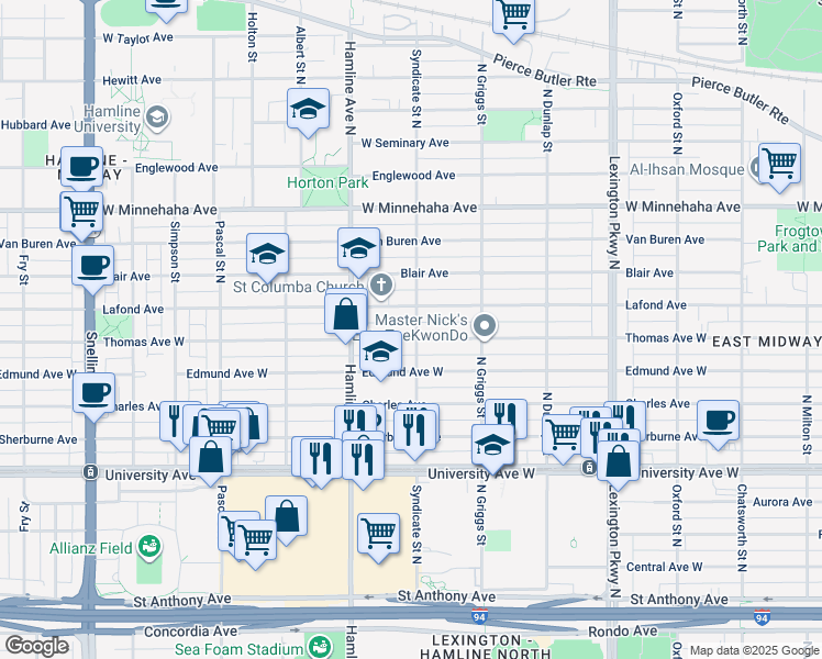 map of restaurants, bars, coffee shops, grocery stores, and more near 1283 Thomas Avenue West in Saint Paul