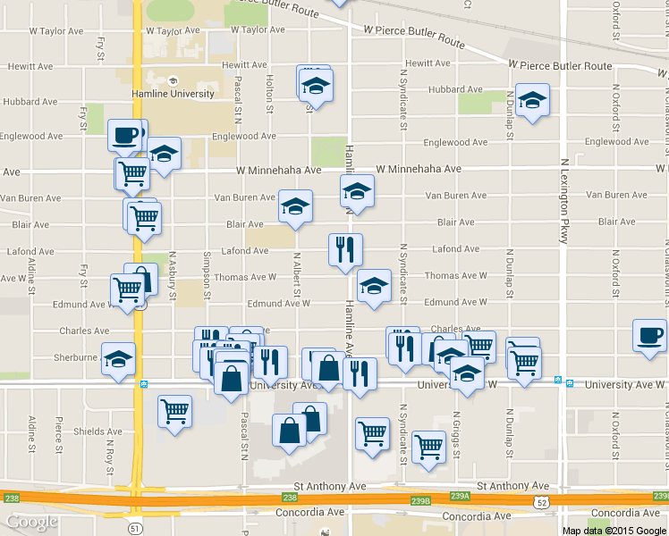 map of restaurants, bars, coffee shops, grocery stores, and more near 1353 Thomas Avenue West in Saint Paul