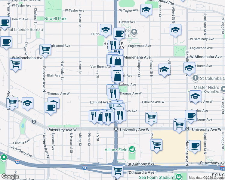 map of restaurants, bars, coffee shops, grocery stores, and more near 1599 Thomas Avenue West in Saint Paul
