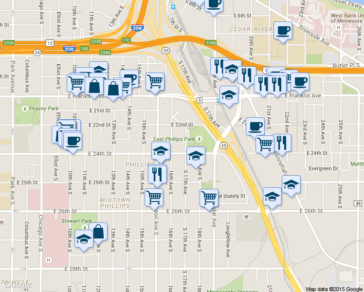 map of restaurants, bars, coffee shops, grocery stores, and more near 1614 East 24th Street in Minneapolis