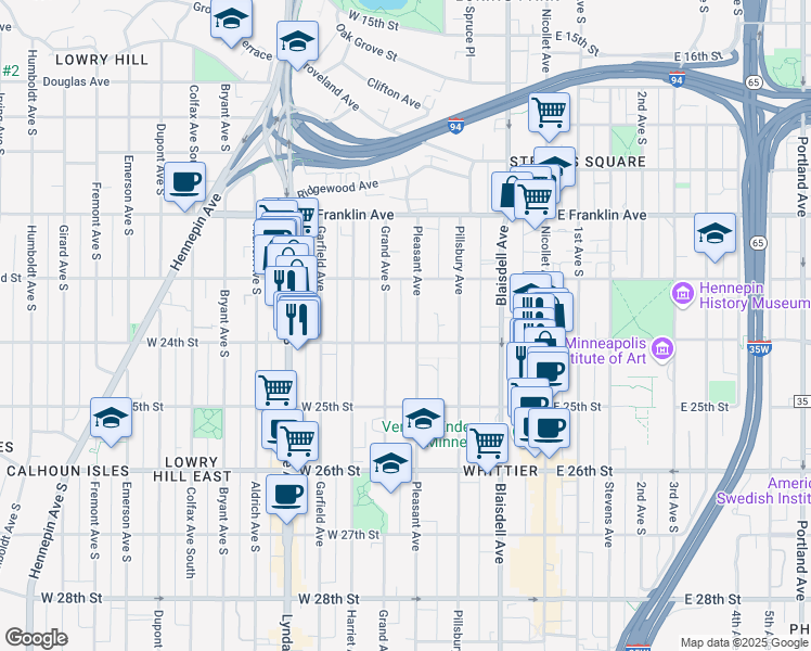 map of restaurants, bars, coffee shops, grocery stores, and more near 2300 Pleasant Avenue in Minneapolis