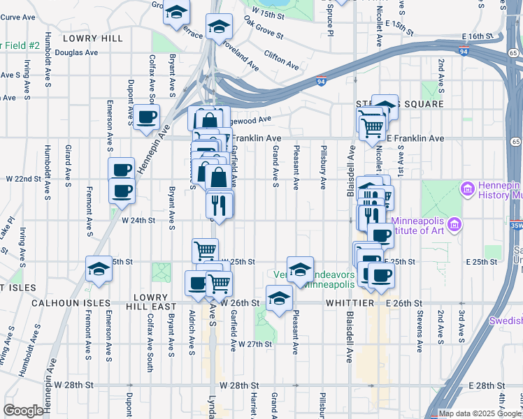 map of restaurants, bars, coffee shops, grocery stores, and more near 2317 Harriet Avenue in Minneapolis