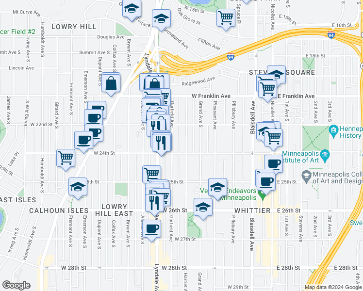 map of restaurants, bars, coffee shops, grocery stores, and more near 2317 Garfield Avenue in Minneapolis