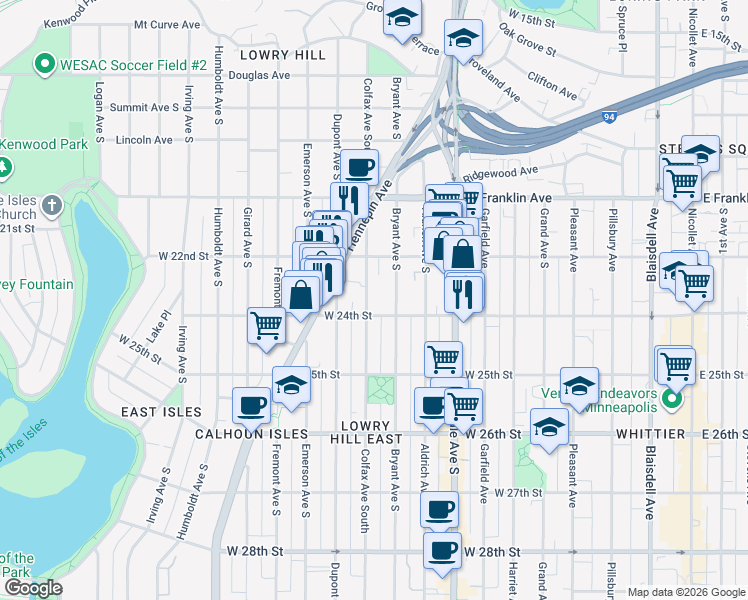 map of restaurants, bars, coffee shops, grocery stores, and more near 2314 Bryant Avenue South in Minneapolis