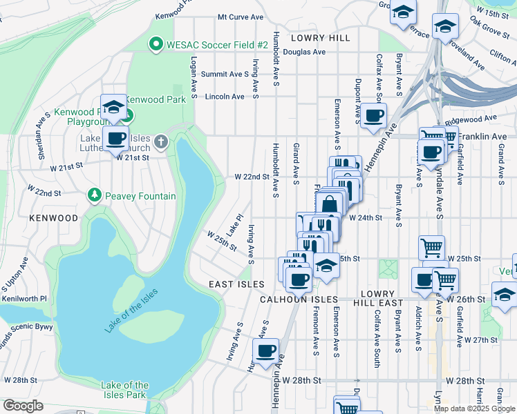 map of restaurants, bars, coffee shops, grocery stores, and more near 2320 Irving Avenue South in Minneapolis